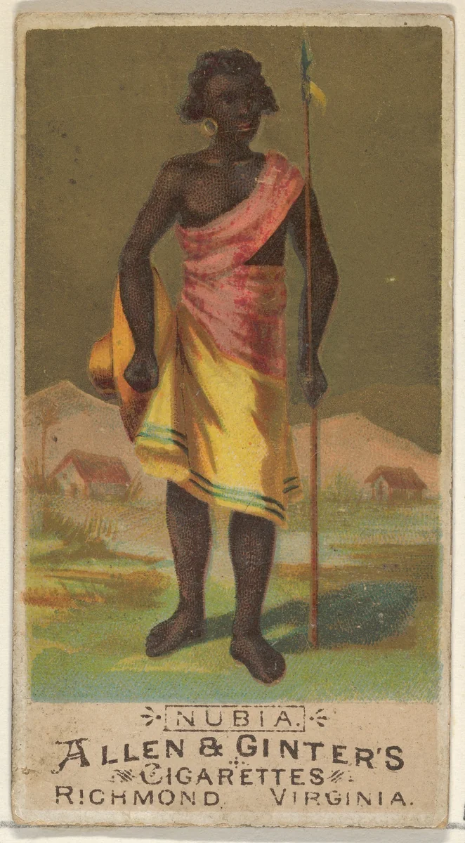 Nubia, from the Natives in Costume series (N16) for Allen & Ginter Cigarettes Brands by Allen & Ginter, print, 1886