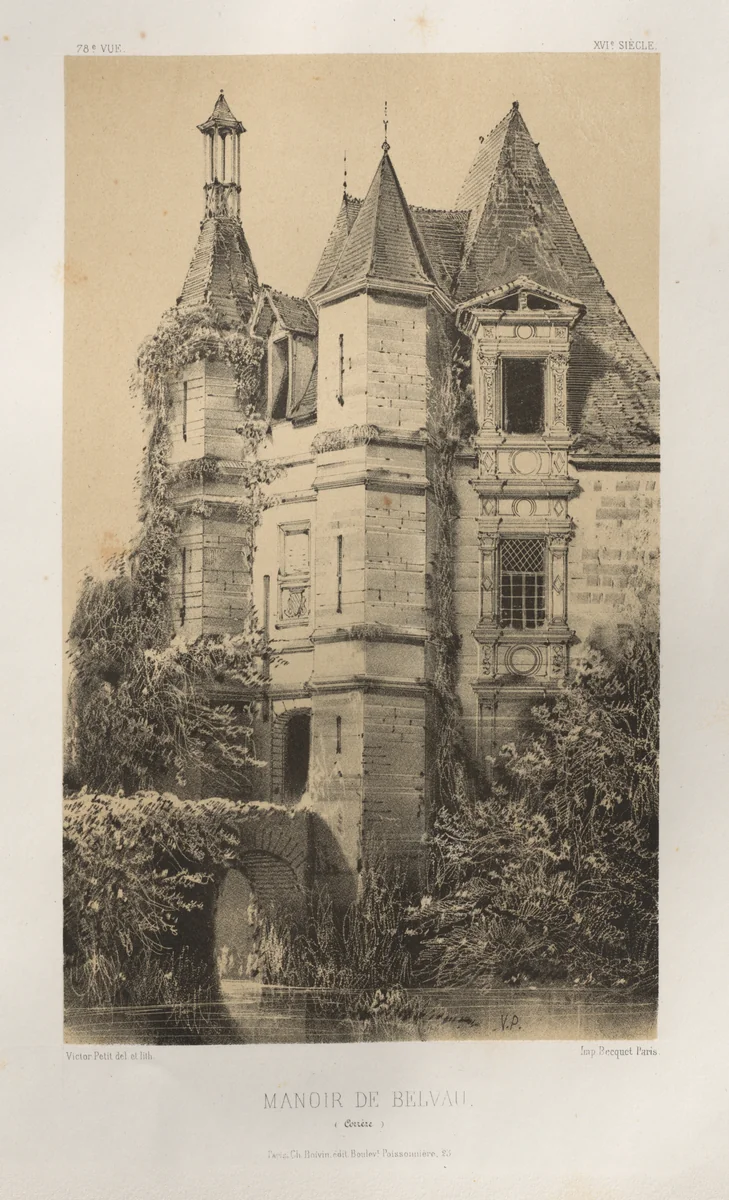 Architecture Pittoresque ou Monuments des XVeme. Et XVIeme. Siecles: Chateaux de France des XV et XVI Siecles: Pl. 78, Manoir de Belvau (Corrèze) by Victor Petit, print, 1860
