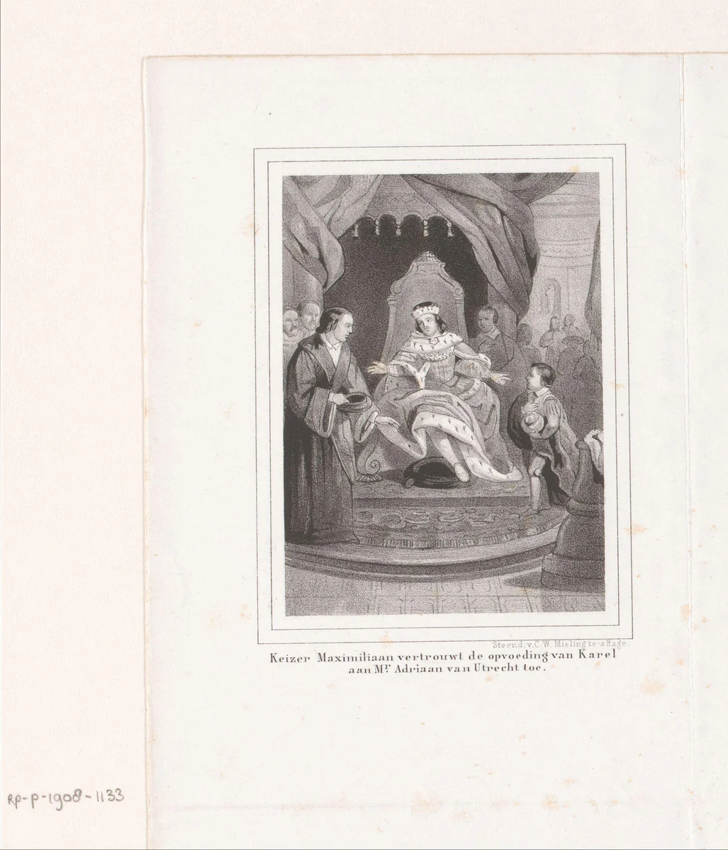 Scène uit het leven van Paus Adrianus VI: Adriaan wordt leermeester van de latere keizer Karel V by anonymous, print, 1845-1847