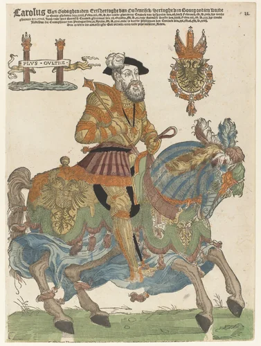 Portret van Karel V te paard by Hans Liefrinck, print, 1539-1556