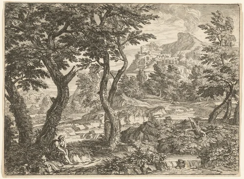 Landscape with a Traveler Resting by Georges Focus, print, 1660-1669