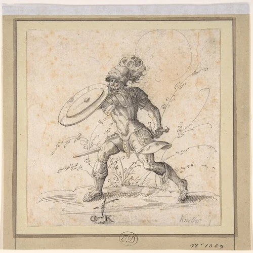 A Soldier Brandishing a Shield in a Landscape by Monogrammist GK, drawing, 1586