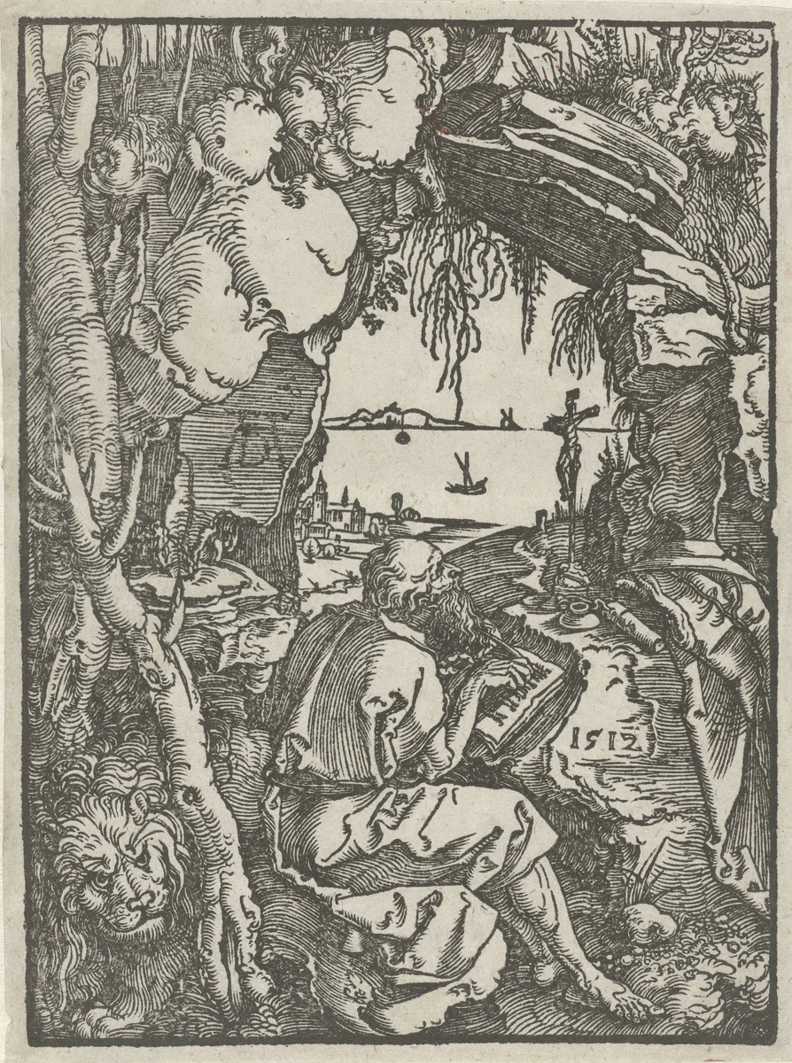 De Heilige Hiëronymus schrijvend in een grot by Unknown, print, 1512