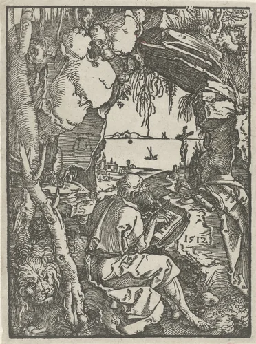 De Heilige Hiëronymus schrijvend in een grot by Unknown, print, 1512