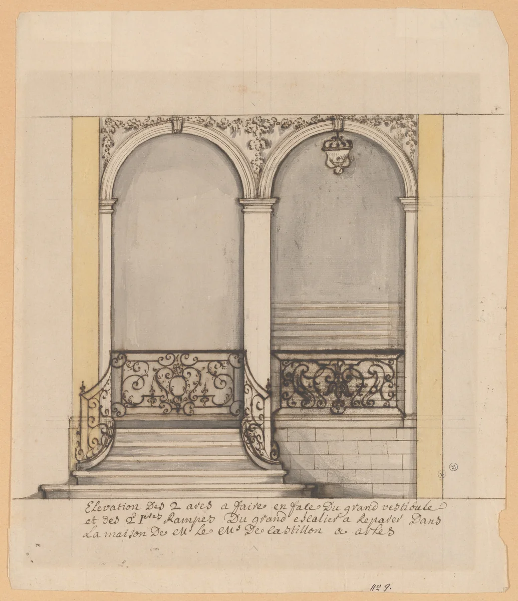 Elevation for a stairway and a second en suite drawing (unmatted): design for ironwork balustrade by anonymous, drawing, 1695-1705