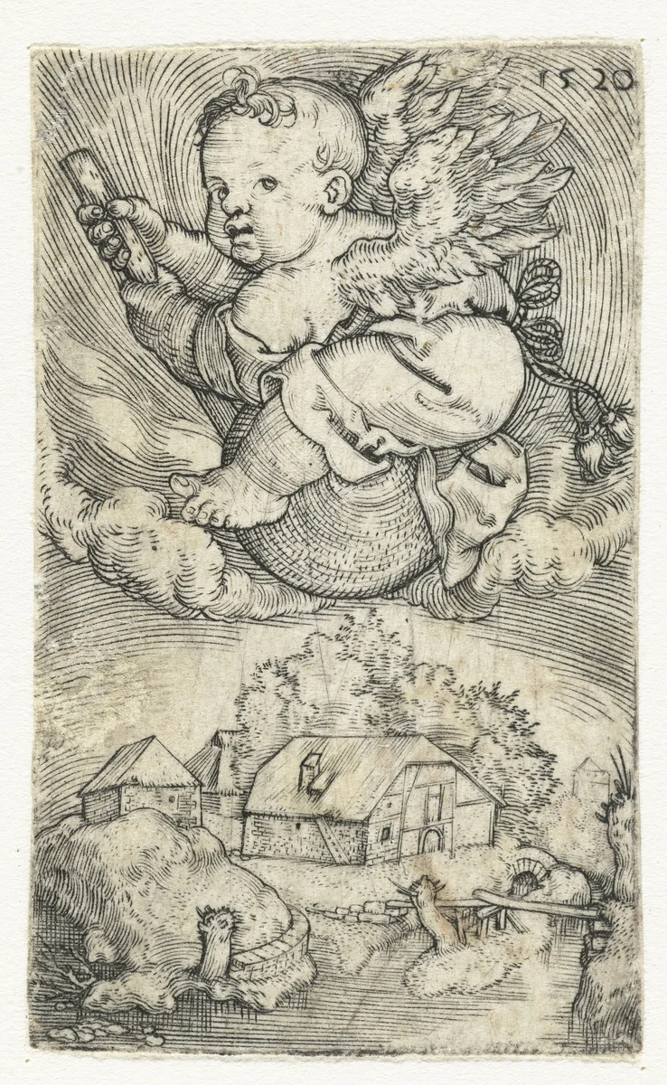 Vliegende kleine engel op een bol boven landschap by Barthel Beham, print, 1520