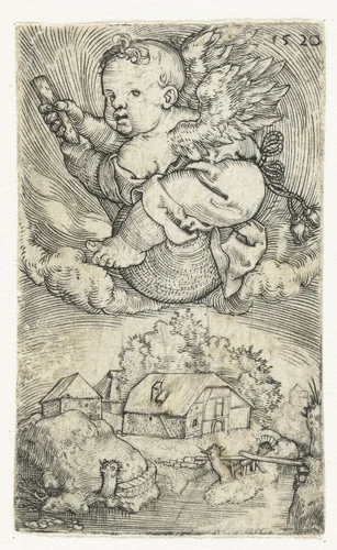 Vliegende kleine engel op een bol boven landschap by Barthel Beham, print, 1520