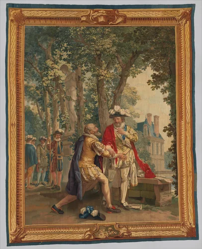 Sully at the Feet of Henri IV from a set of The History of France by Jean Jacques François Le Barbier, textile, 1788-1792