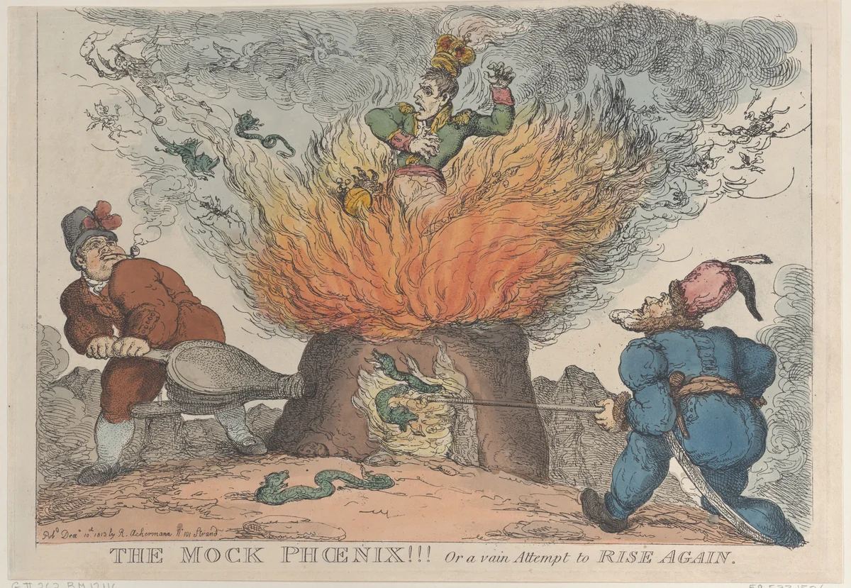 The Mock Phoenix!!! Or a Vain Attempt to Rise Again by Thomas Rowlandson, print, 1813
