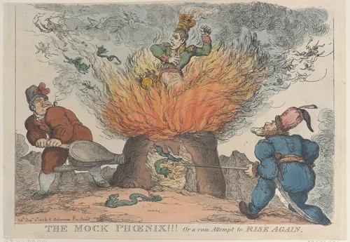 The Mock Phoenix!!! Or a Vain Attempt to Rise Again by Thomas Rowlandson, print, 1813