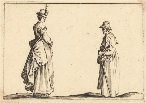 Two Women in Profile by Jacques Callot, print, 1617