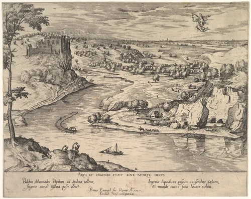 River Landscape with Mercury Abducting Psyche by Simon Novellanus, print, 1590-1600