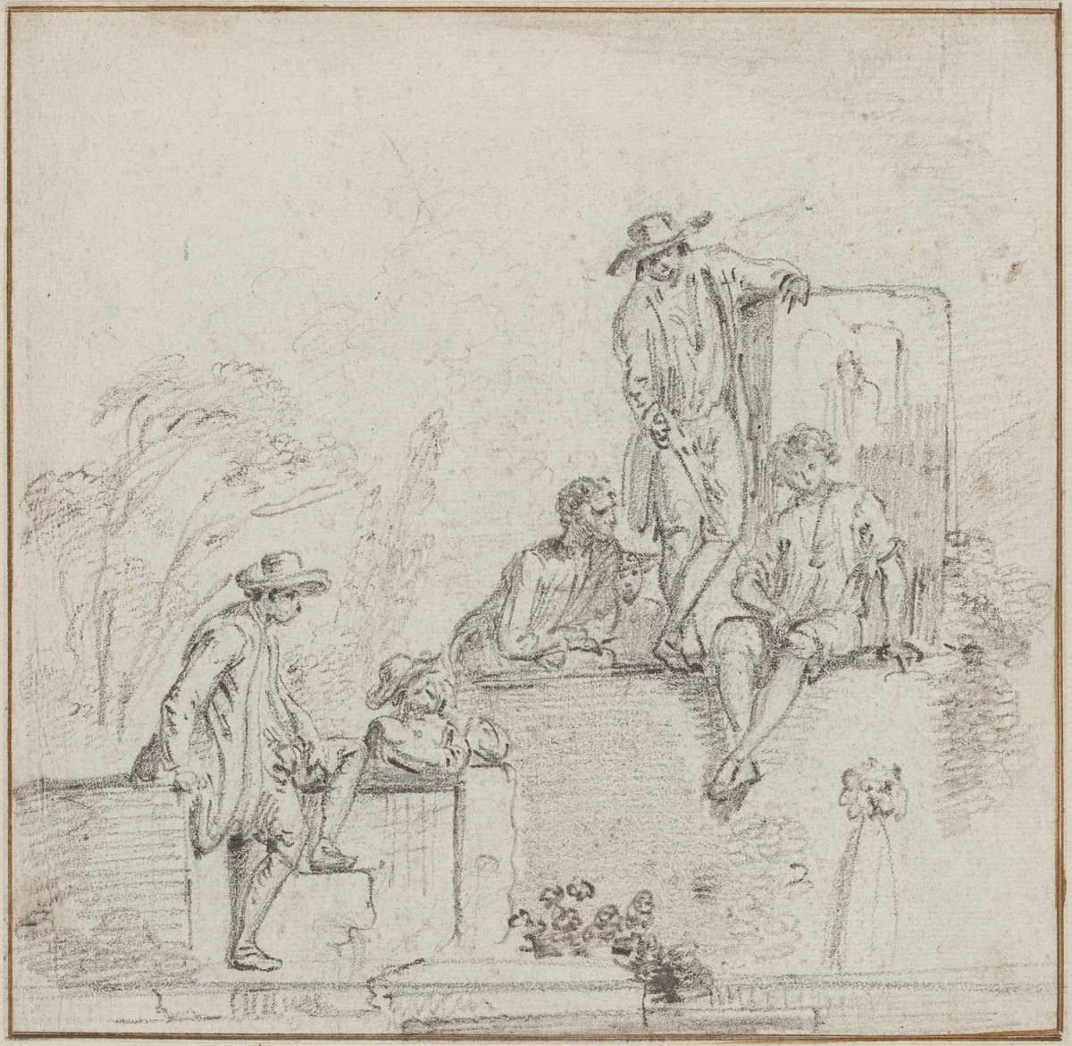 Figures Seated Around a Fountain by Jean Baptiste Lallemand, drawing, 1755