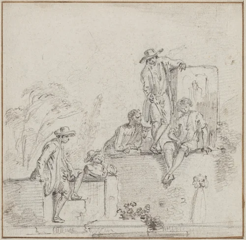 Figures Seated Around a Fountain by Jean Baptiste Lallemand, drawing, 1755