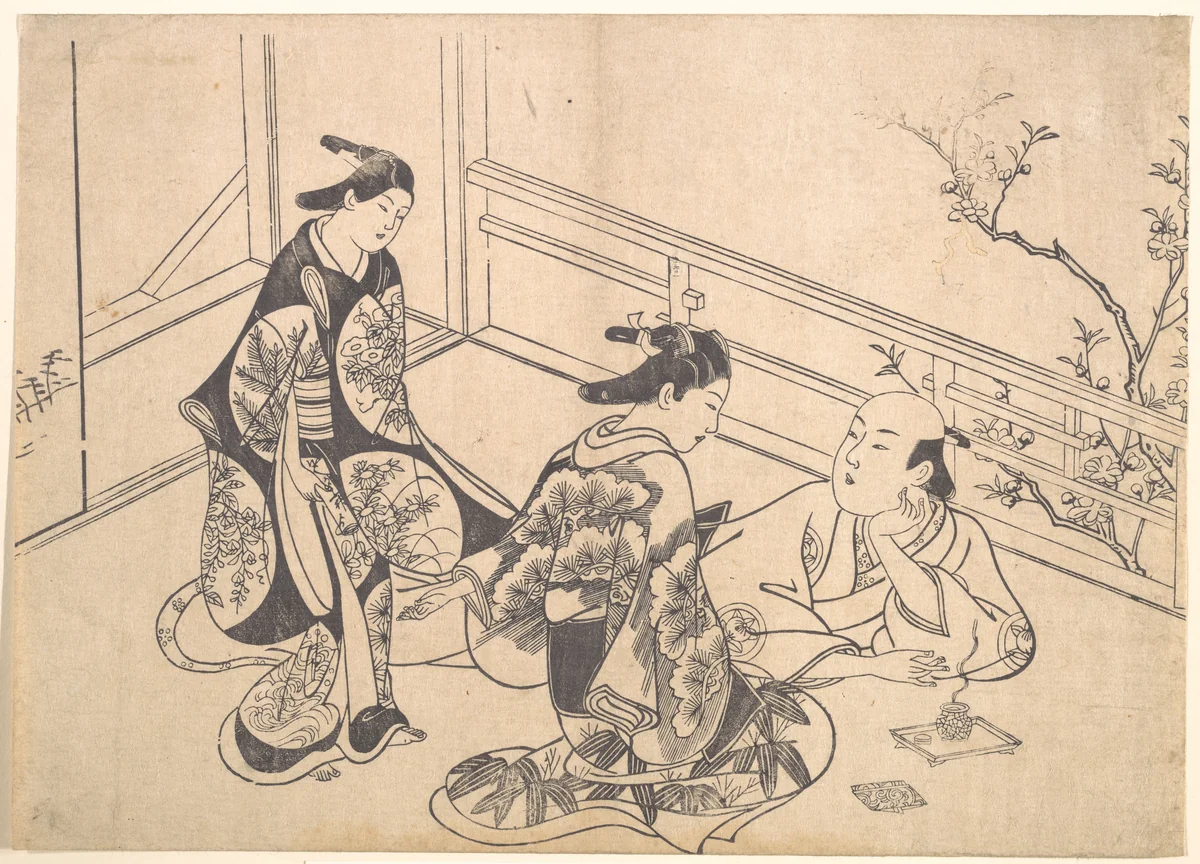 The Actor Ichimura Takenojo Reclining on a Balcony by Okumura Masanobu (奥村政信), print, 1705-1725