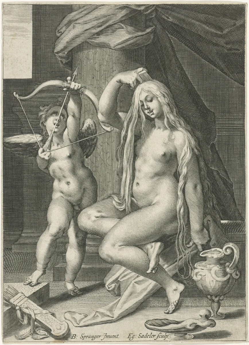 Venus kamt haar haren by Unknown, print, 1580-1629