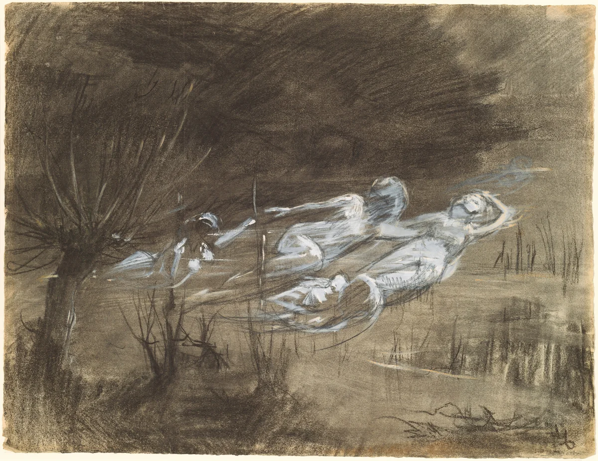 Woman Floating in a River Attended by Two Female Spirits by Frederick Trapp Friis, drawing, 1895