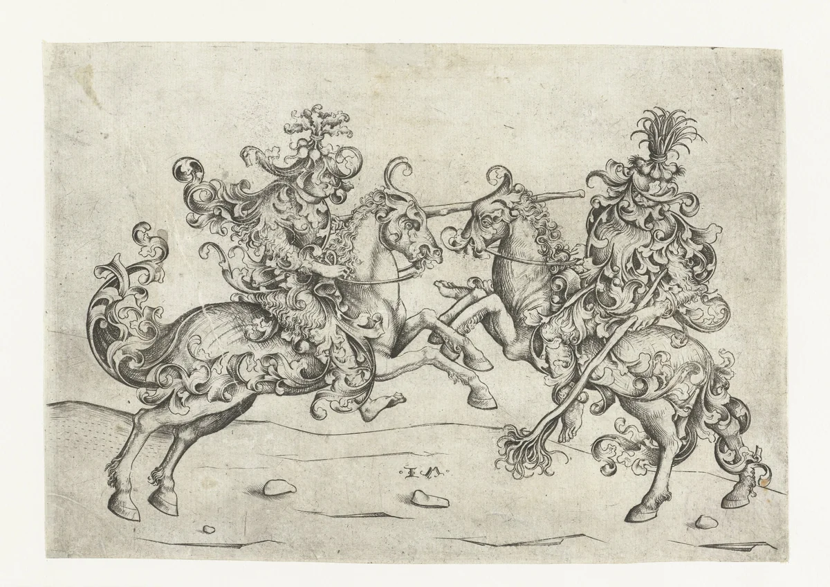 Gevecht tussen twee wildemannen te paard by Unknown, print, 1455-1503