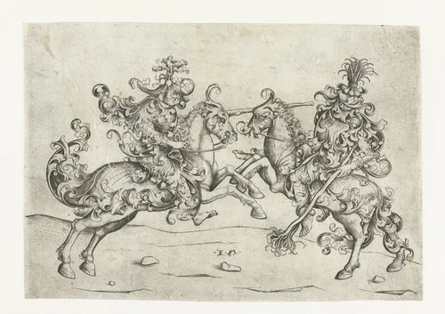 Gevecht tussen twee wildemannen te paard by Unknown, print, 1455-1503