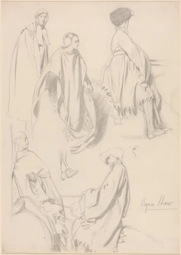 Studies of Men and Women in Medieval Dress by Byam Shaw, drawing, 1872-1919