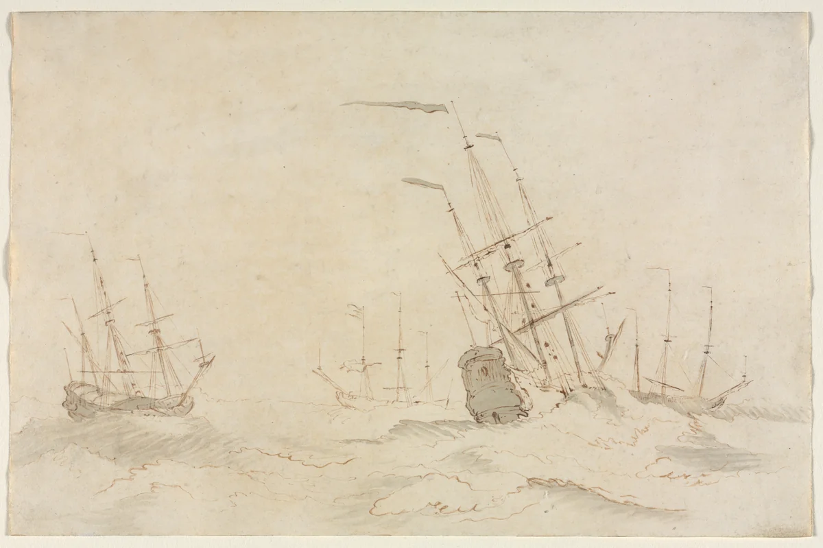 Ships by Ludolf Backhuysen, drawing, 1631-1708