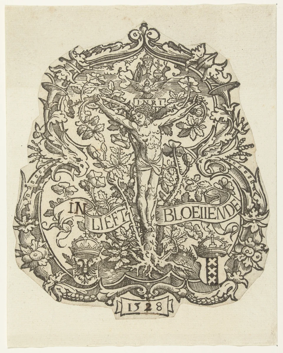 Het wapen van de Amsterdamse rederijkerskamer "De Egelantier" by Jacob Cornelisz van Oostsanen, print, 1528