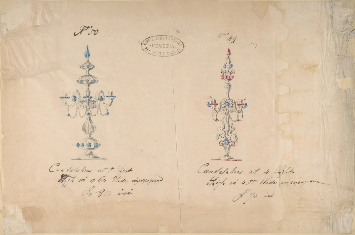 One of Twenty-Three Sheets of Drawings of Glassware (Mirrors, Chandeliers, Goblets, etc.) by Compagnia di Venezia e Murano, drawing, 1850-1880