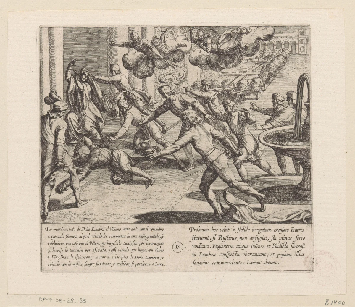 De zonen van Lara stormen op de dorpeling af als zij bloed op het gezicht van hun broeder zien by Antonio Tempesta, print, 1612