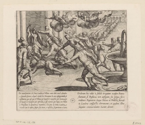 De zonen van Lara stormen op de dorpeling af als zij bloed op het gezicht van hun broeder zien by Antonio Tempesta, print, 1612