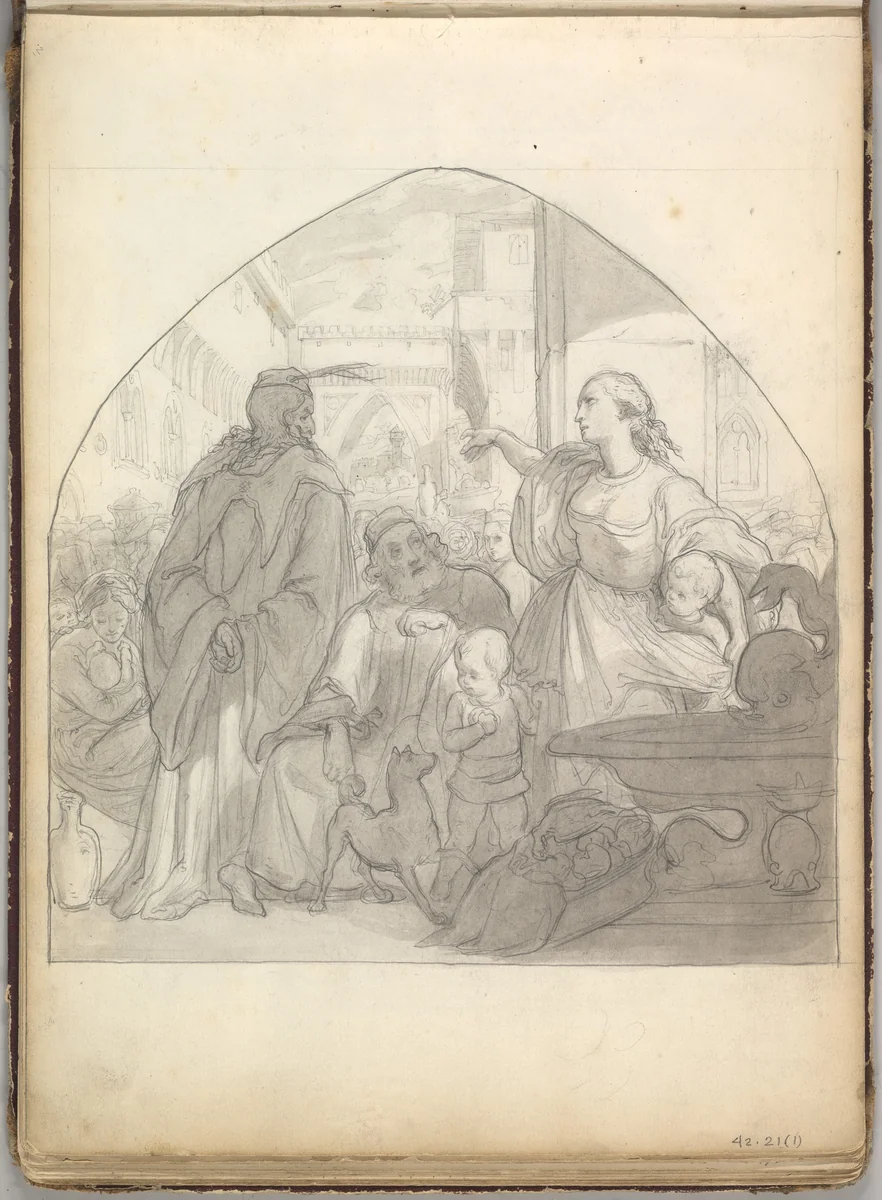 Scene in an Italian City with Figures Near a Fountain by Frederic Leighton, drawing, 1844-1854