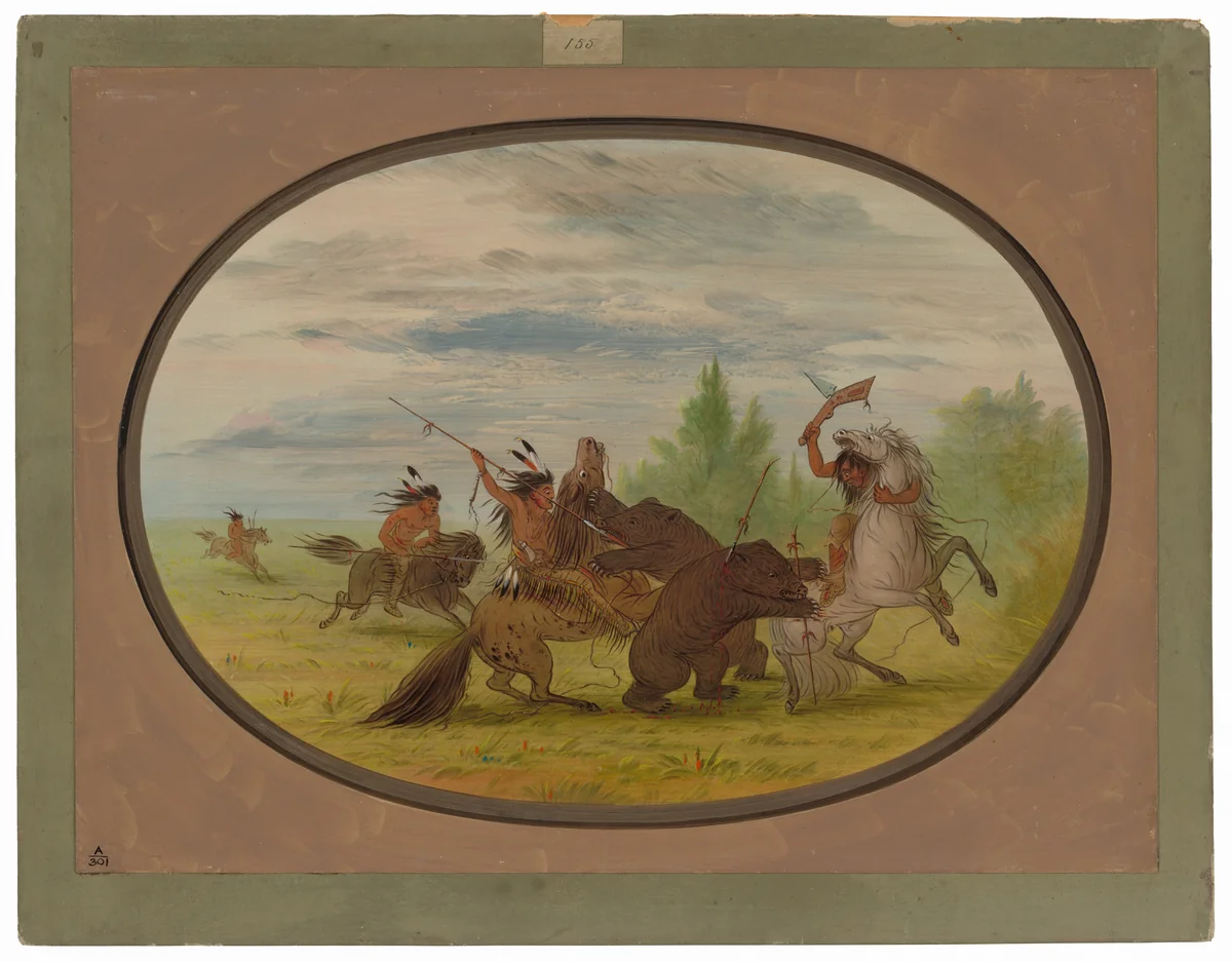 K'nisteneux Indians Attacking Two Grizzly Bears by George Catlin, painting, 1861-1869