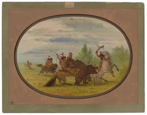 K'nisteneux Indians Attacking Two Grizzly Bears by George Catlin, painting, 1861-1869
