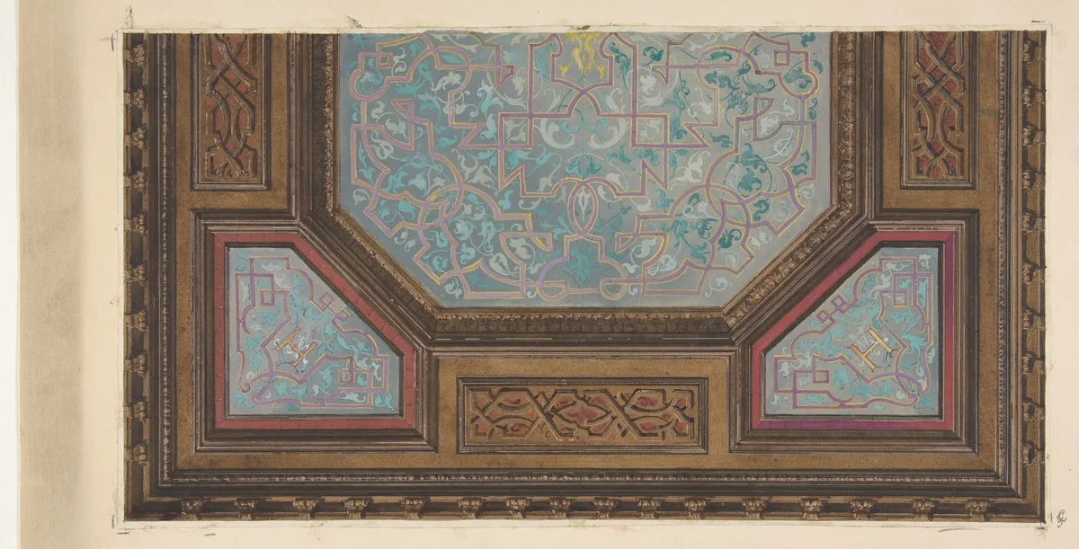 Design for the painted decoration of a coffered ceiling with the monogram: H by Jules-Edmond-Charles Lachaise, drawing, 1830-1897