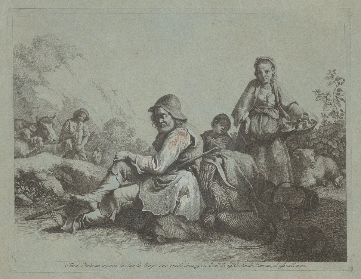Seated Shepherd and a Peasant Woman with a Basket by Francesco Londonio, print, 1759-1782