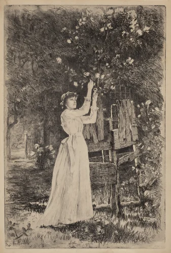 Untitled (Woman Picking Blossoms) by Charles Yardley Turner, print, 1890
