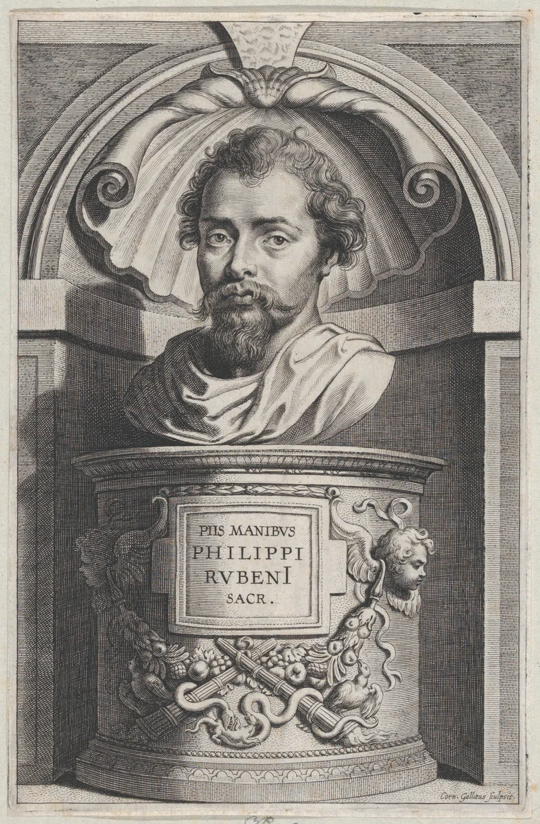 Bust portrait of Philip Rubens, in a niche by Cornelis Galle II, print, 1627-1678