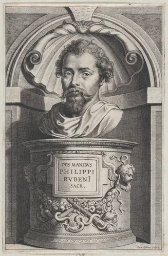 Bust portrait of Philip Rubens, in a niche by Cornelis Galle II, print, 1627-1678