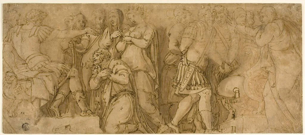 Family of Darius before Alexander; Prisoners before a Senator by Polidoro Caldara, drawing, 1580-1599