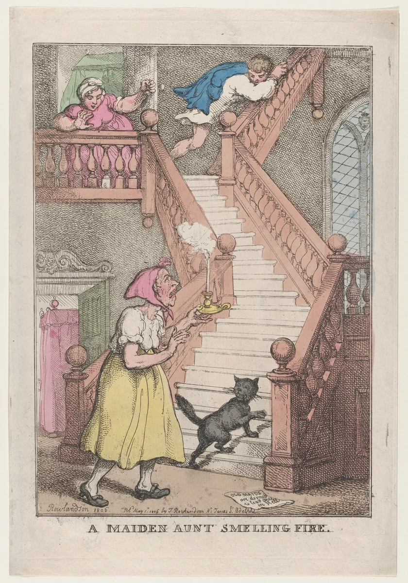 A Maiden Aunt Smelling Fire by Thomas Rowlandson, print, 1806