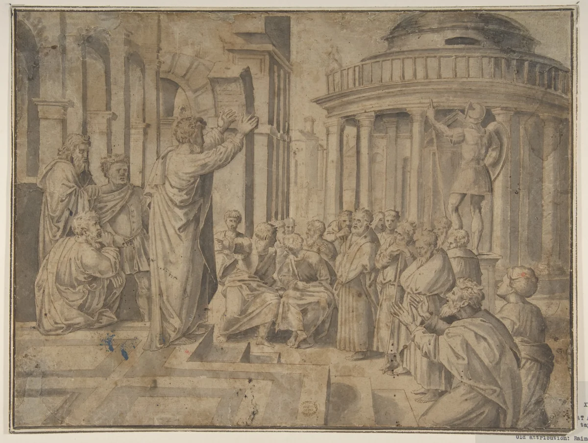 St. Paul preaching at Athens (Copy of Raphael's tapestry, reversed) by Raphael, drawing, 1500-1600