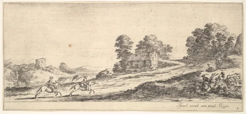 Plate 9: two horsemen at left galloping uphill towards the right, a horse and seated man to right, from "Various Landscapes" (Divers Paysages) by Stefano della Bella, print, 1636-1646