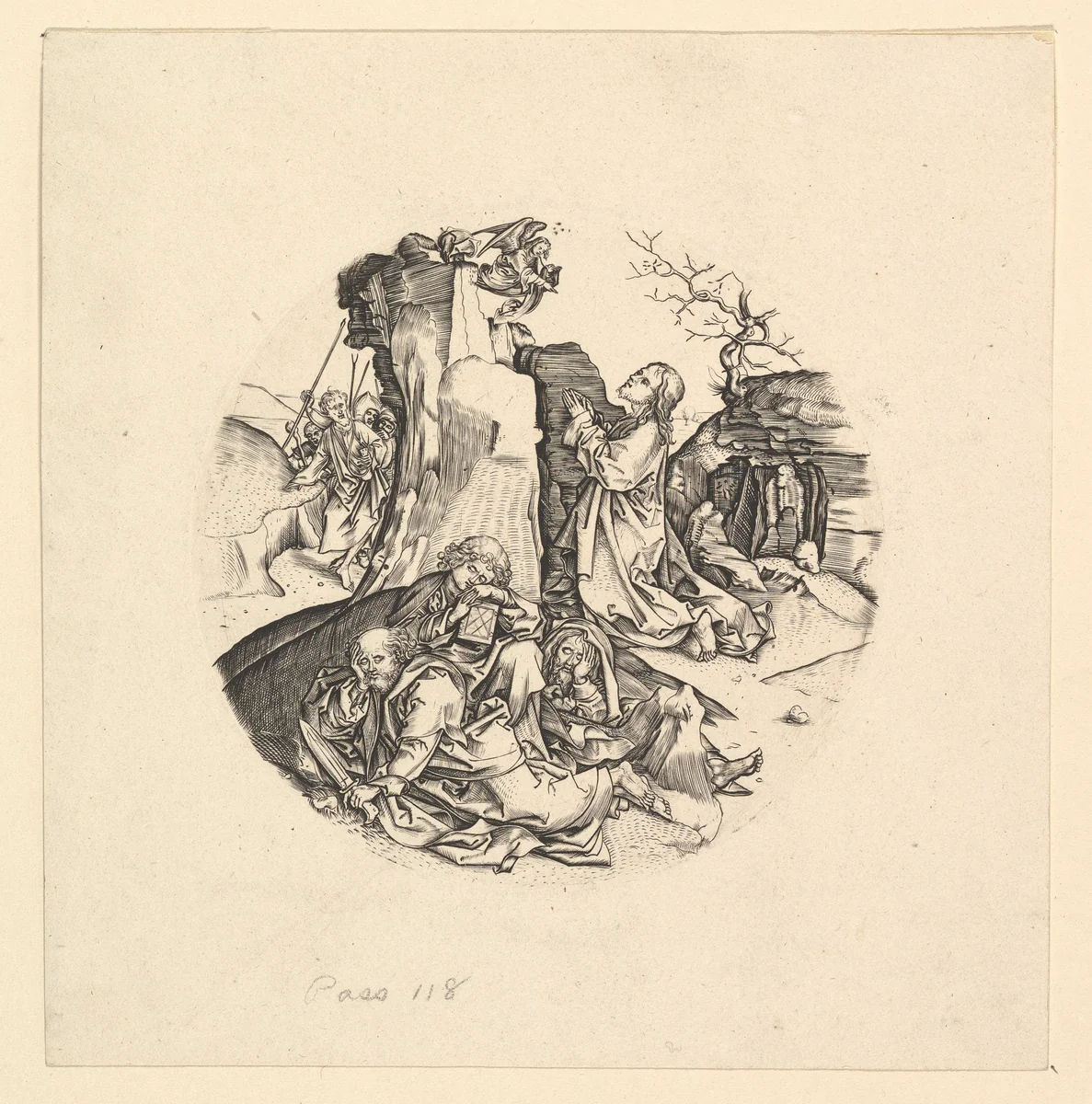 Christ on the Mount of Olives (reverse copy in roundel) by Martin Schongauer, print, 1490-1525