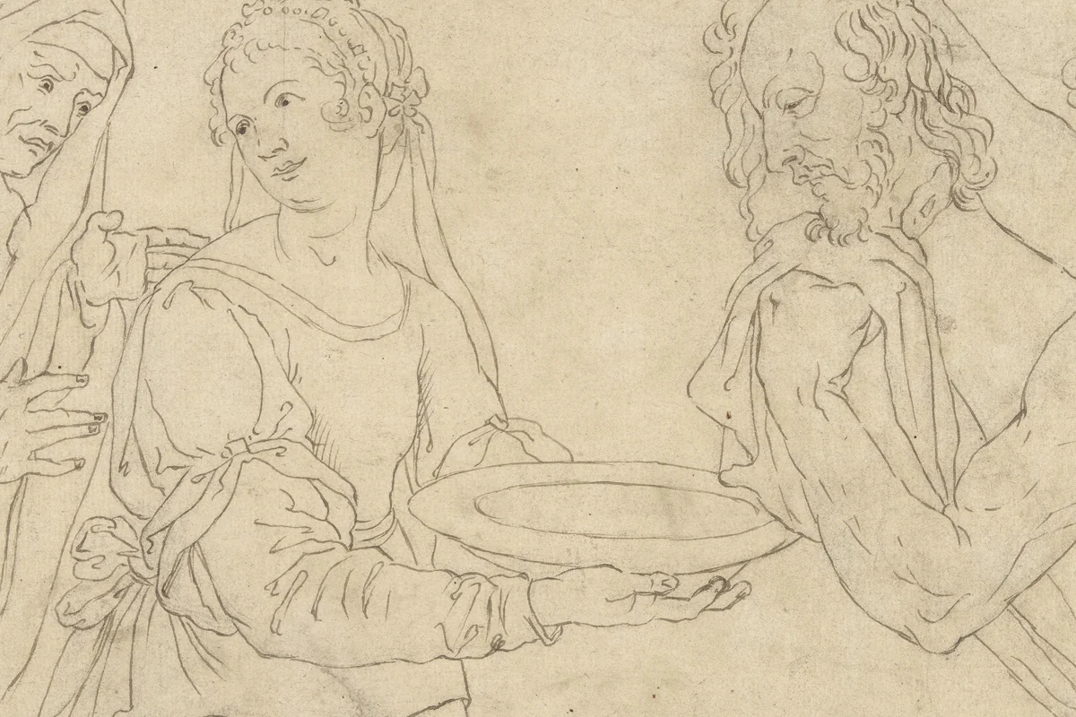 Salome ontvangt het hoofd van Johannes de Doper by anonymous, drawing, 1600-1699