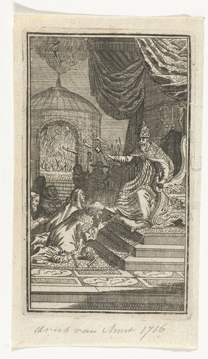 Wereldlijke vorsten geknield voor de paus by anonymous, print, 1671-1716