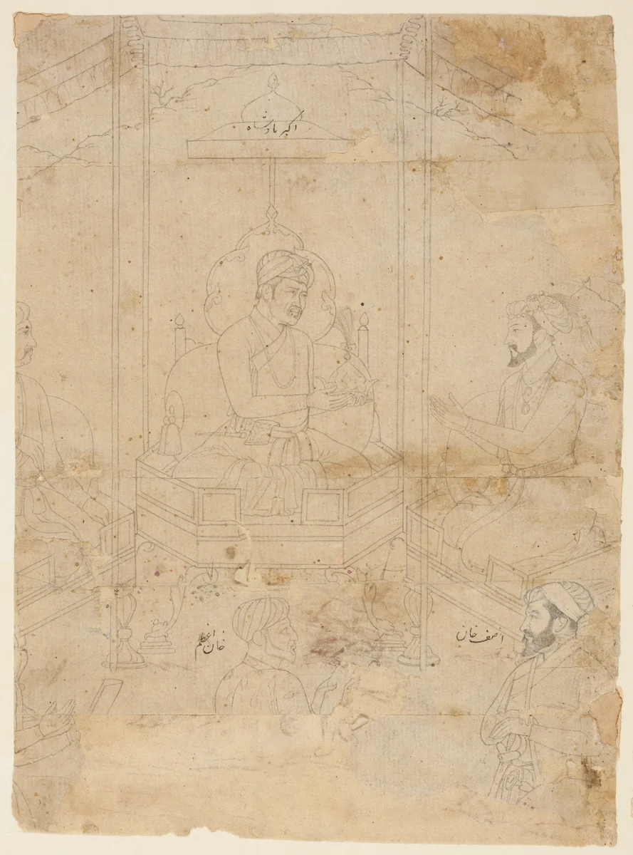 Akbar Offering Timur's Crown to Shah Jahan by India, drawing, 1650-1700