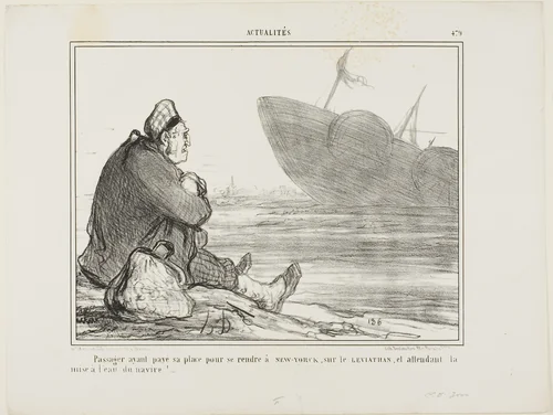 A passenger having paid his ticket to NEW YORK on the LEVIATHAN, waiting for the ship finally being put into the water, plate 479 from Actualités by Honoré-Victorin Daumier, print, 1858