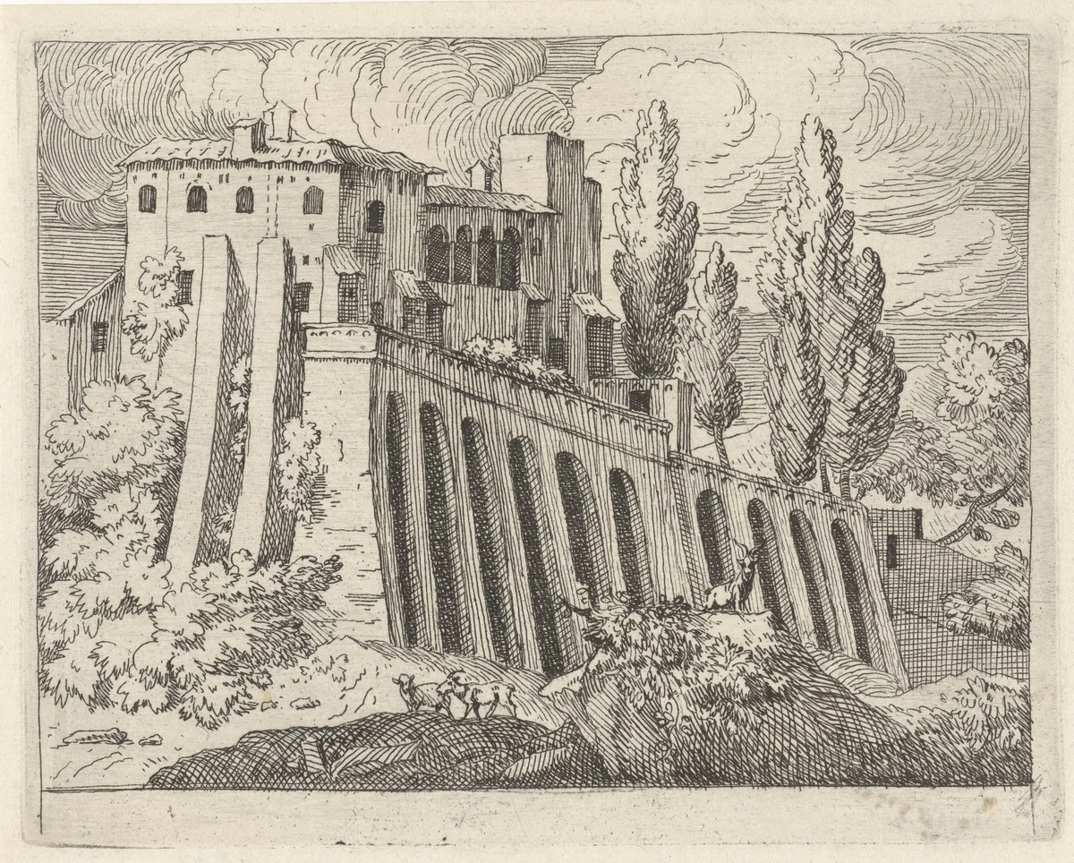 Gebouw in een landschap by Govert van der Leeuw, print, 1655-1688