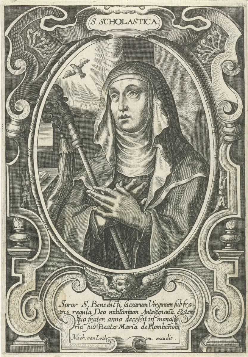 Portret van H. Scholastica by Michel van Lochom, print, 1611-1647