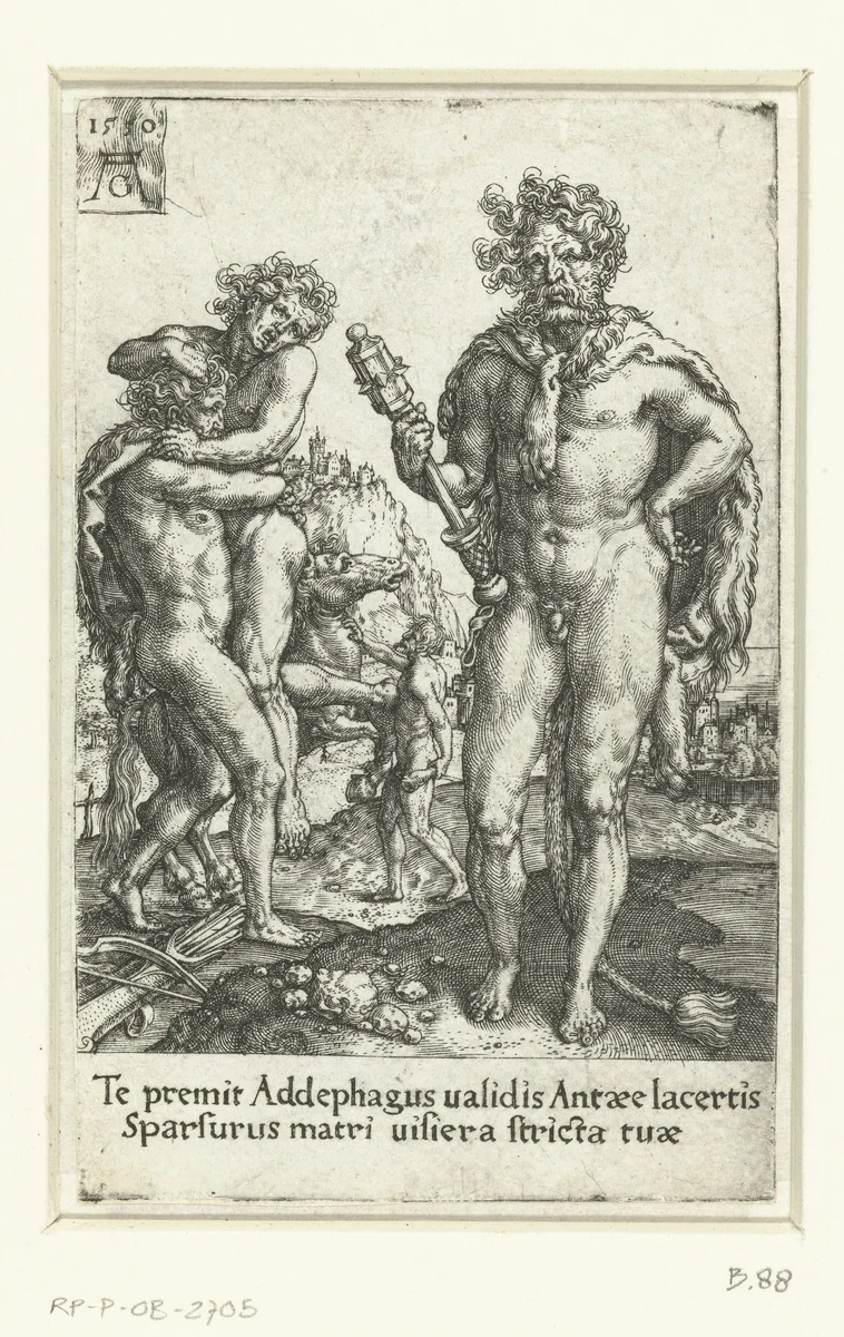 Hercules verslaat Antaeus by Unknown, print, 1550