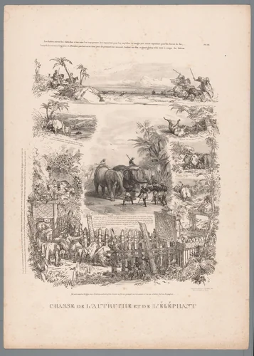Jacht op struisvogel en olifant by Charles Aubry, print, 1836-1837